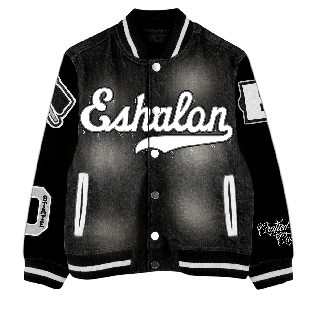 Black Eshalon Denim Leather Varsity Jacket (Pre-Order)