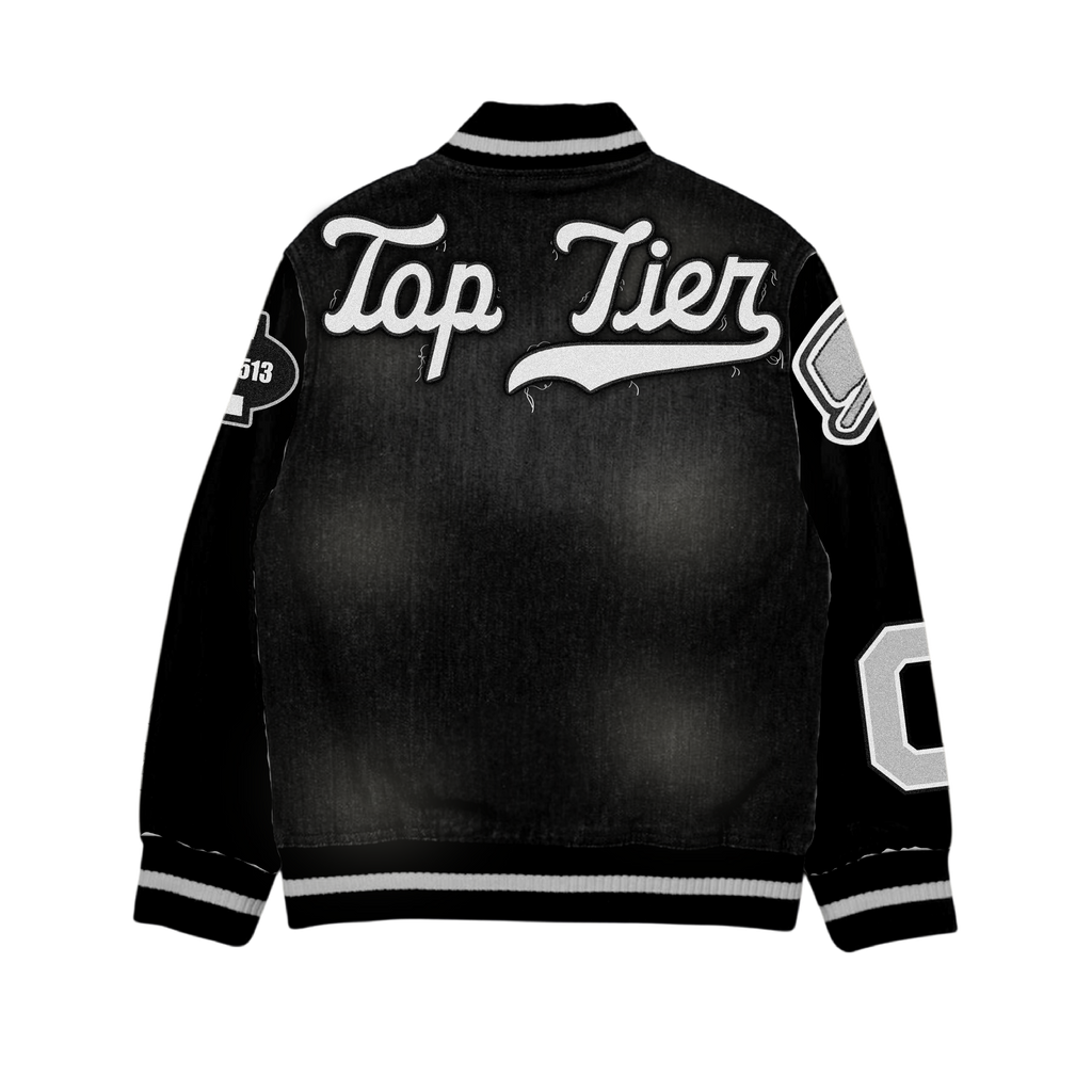 Black Eshalon Denim Leather Varsity Jacket (Pre-Order)