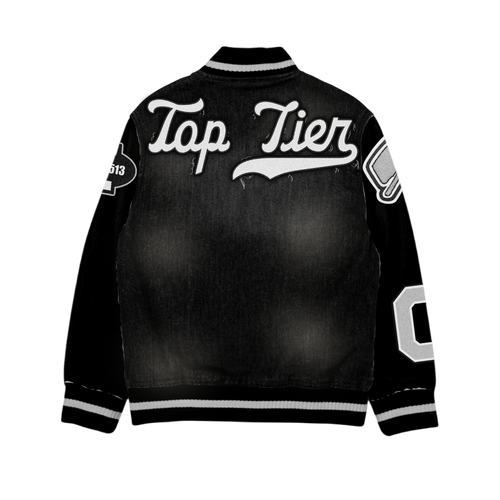 Black Eshalon Denim Leather Varsity Jacket (Pre-Order)